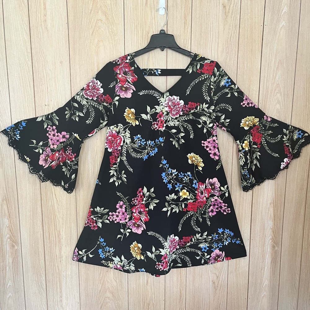 Roz & Ali Black Floral Bell-Sleeve dress with Pink, Red, Blue & Yellow Blooms